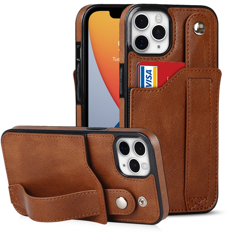 For iPhone 11 Pro Max Crazy Horse Texture Shockproof TPU + PU Leather Case with Card Slot & Wrist Strap Holder