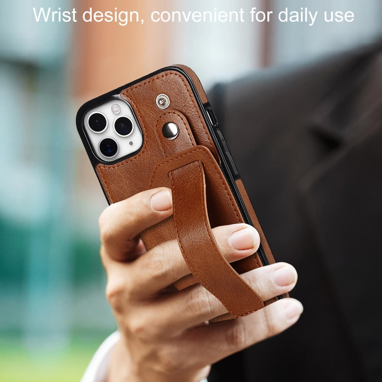 For iPhone 11 Pro Max Crazy Horse Texture Shockproof TPU + PU Leather Case with Card Slot & Wrist Strap Holder