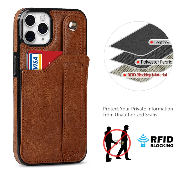For iPhone 11 Pro Max Crazy Horse Texture Shockproof TPU + PU Leather Case with Card Slot & Wrist Strap Holder