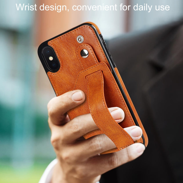 For iPhone X / XS Crazy Horse Texture Shockproof TPU + PU Leather Case with Card Slot & Wrist Strap Holder