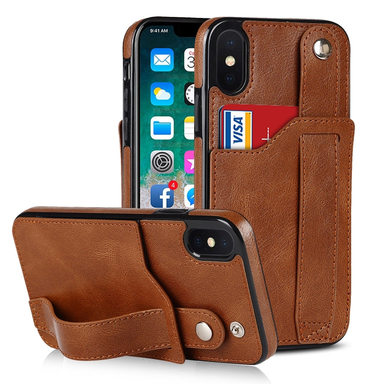 For iPhone X / XS Crazy Horse Texture Shockproof TPU + PU Leather Case with Card Slot & Wrist Strap Holder