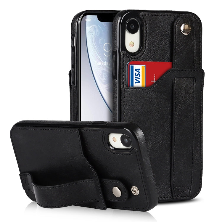 For iPhone XR Crazy Horse Texture Shockproof TPU + PU Leather Case with Card Slot & Wrist Strap Holder