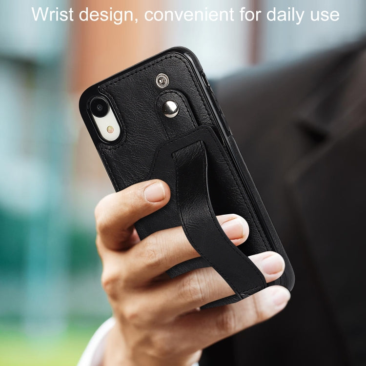 For iPhone XR Crazy Horse Texture Shockproof TPU + PU Leather Case with Card Slot & Wrist Strap Holder