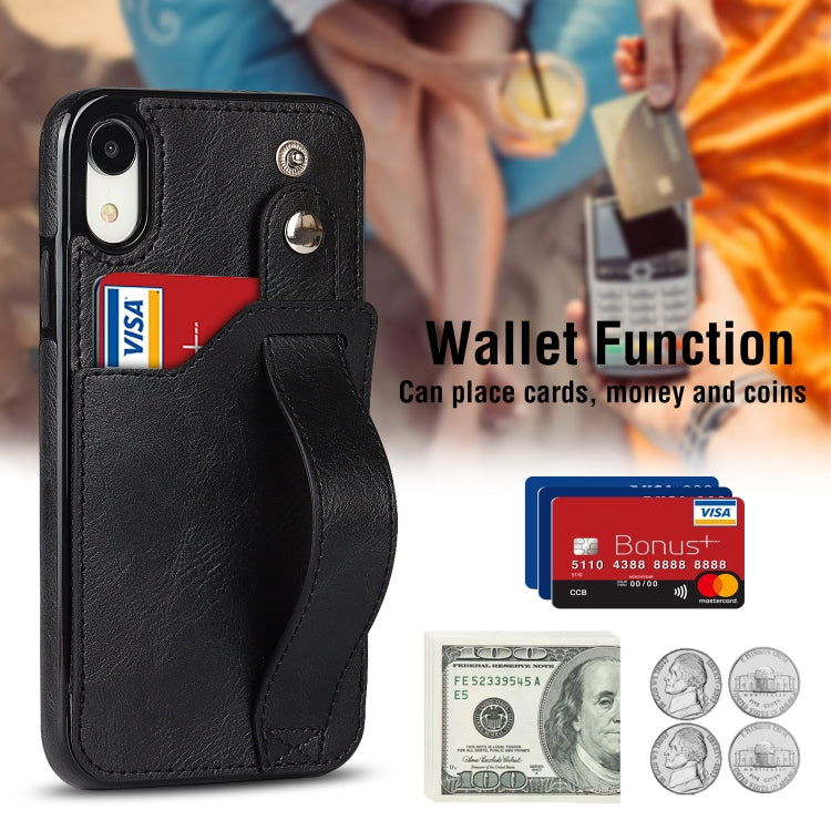 For iPhone XR Crazy Horse Texture Shockproof TPU + PU Leather Case with Card Slot & Wrist Strap Holder