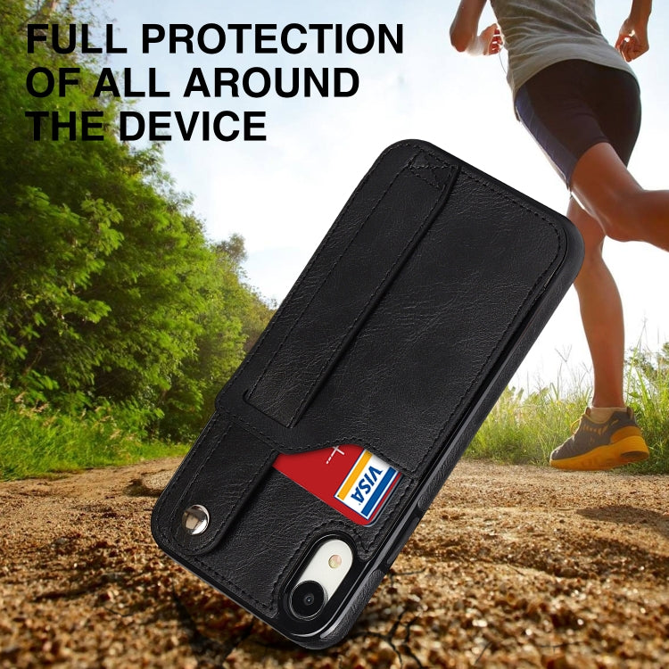 For iPhone XR Crazy Horse Texture Shockproof TPU + PU Leather Case with Card Slot & Wrist Strap Holder