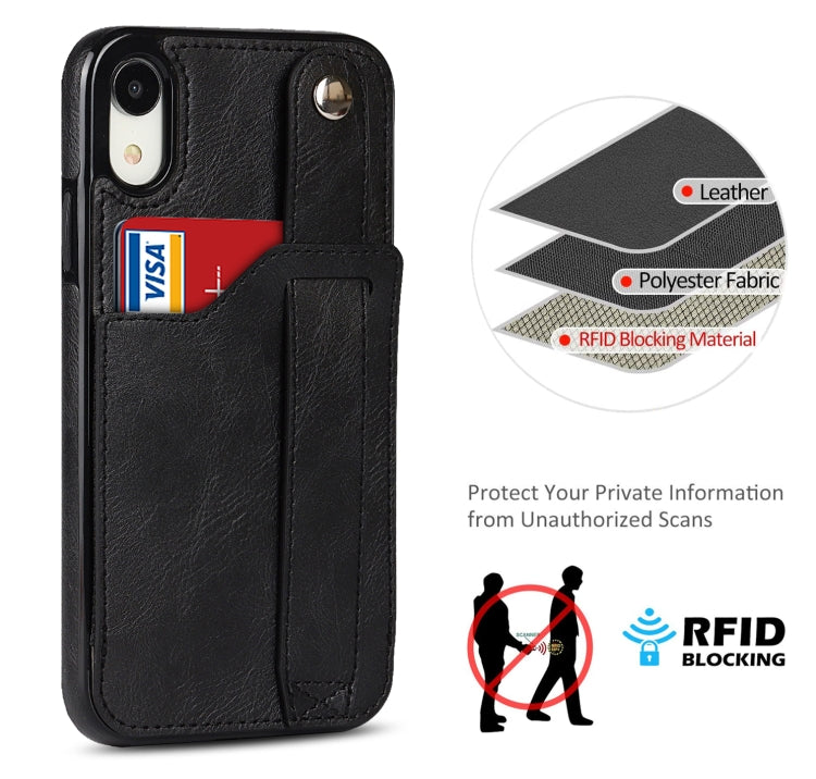 For iPhone XR Crazy Horse Texture Shockproof TPU + PU Leather Case with Card Slot & Wrist Strap Holder