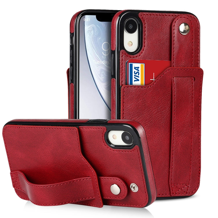 For iPhone XR Crazy Horse Texture Shockproof TPU + PU Leather Case with Card Slot & Wrist Strap Holder