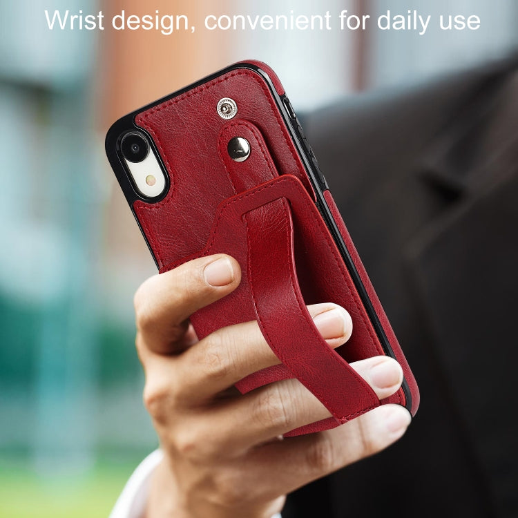 For iPhone XR Crazy Horse Texture Shockproof TPU + PU Leather Case with Card Slot & Wrist Strap Holder