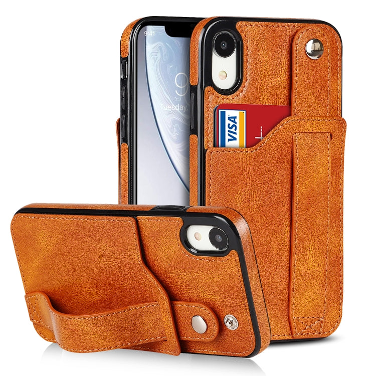 For iPhone XR Crazy Horse Texture Shockproof TPU + PU Leather Case with Card Slot & Wrist Strap Holder