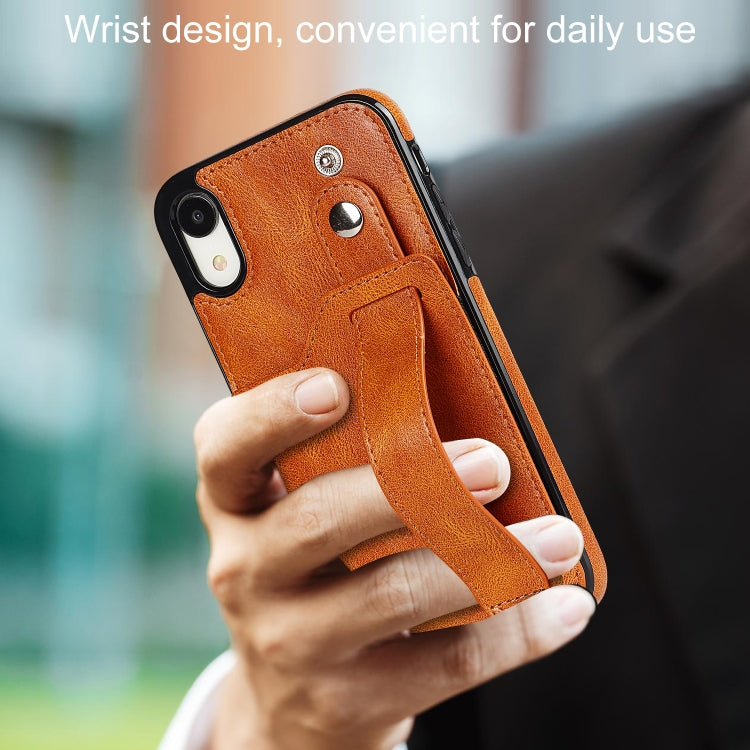 For iPhone XR Crazy Horse Texture Shockproof TPU + PU Leather Case with Card Slot & Wrist Strap Holder
