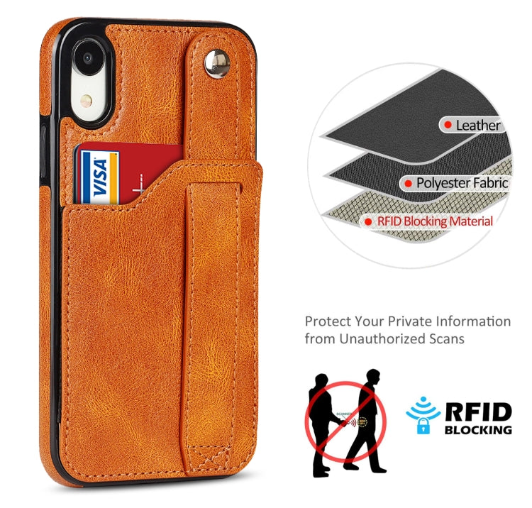 For iPhone XR Crazy Horse Texture Shockproof TPU + PU Leather Case with Card Slot & Wrist Strap Holder