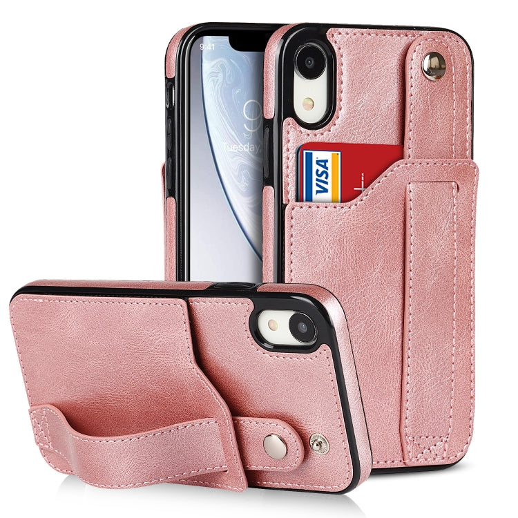 For iPhone XR Crazy Horse Texture Shockproof TPU + PU Leather Case with Card Slot & Wrist Strap Holder