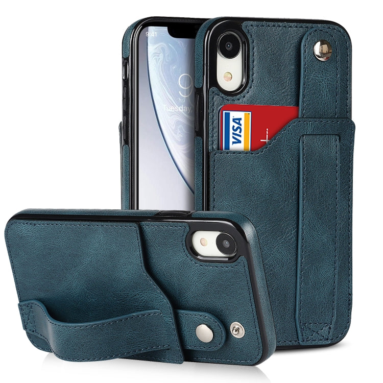 For iPhone XR Crazy Horse Texture Shockproof TPU + PU Leather Case with Card Slot & Wrist Strap Holder
