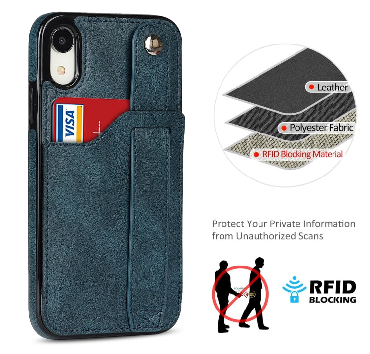 For iPhone XR Crazy Horse Texture Shockproof TPU + PU Leather Case with Card Slot & Wrist Strap Holder