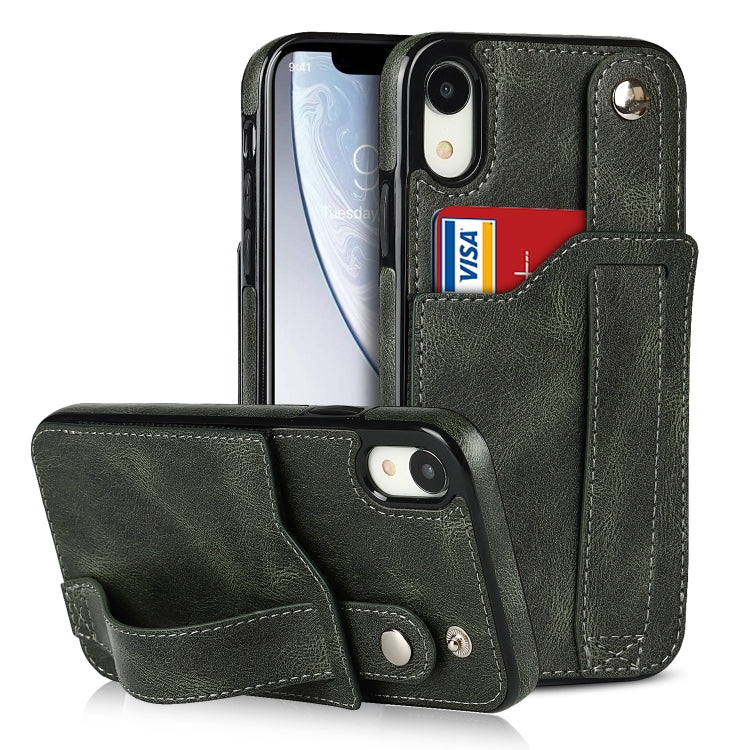 For iPhone XR Crazy Horse Texture Shockproof TPU + PU Leather Case with Card Slot & Wrist Strap Holder