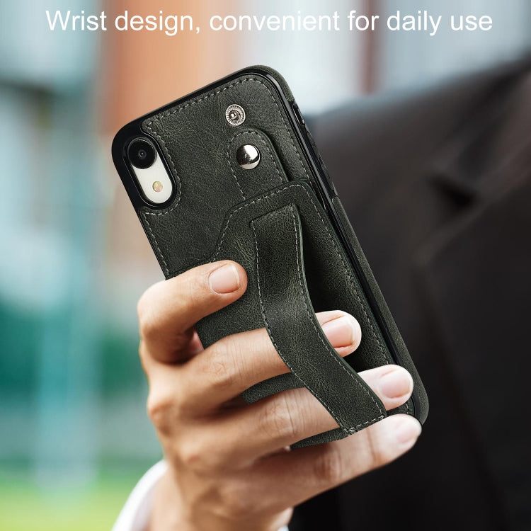 For iPhone XR Crazy Horse Texture Shockproof TPU + PU Leather Case with Card Slot & Wrist Strap Holder