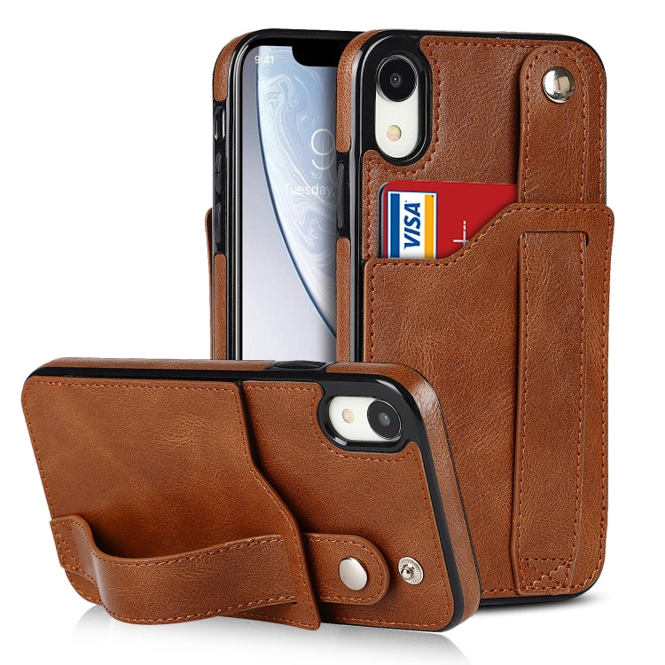 For iPhone XR Crazy Horse Texture Shockproof TPU + PU Leather Case with Card Slot & Wrist Strap Holder
