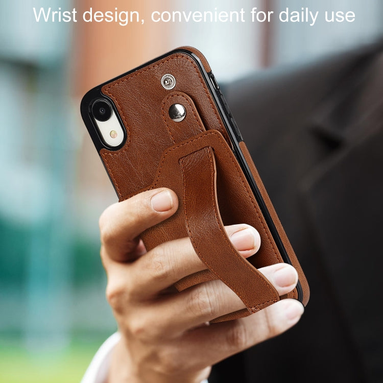 For iPhone XR Crazy Horse Texture Shockproof TPU + PU Leather Case with Card Slot & Wrist Strap Holder