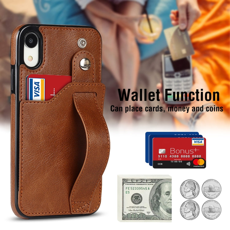 For iPhone XR Crazy Horse Texture Shockproof TPU + PU Leather Case with Card Slot & Wrist Strap Holder