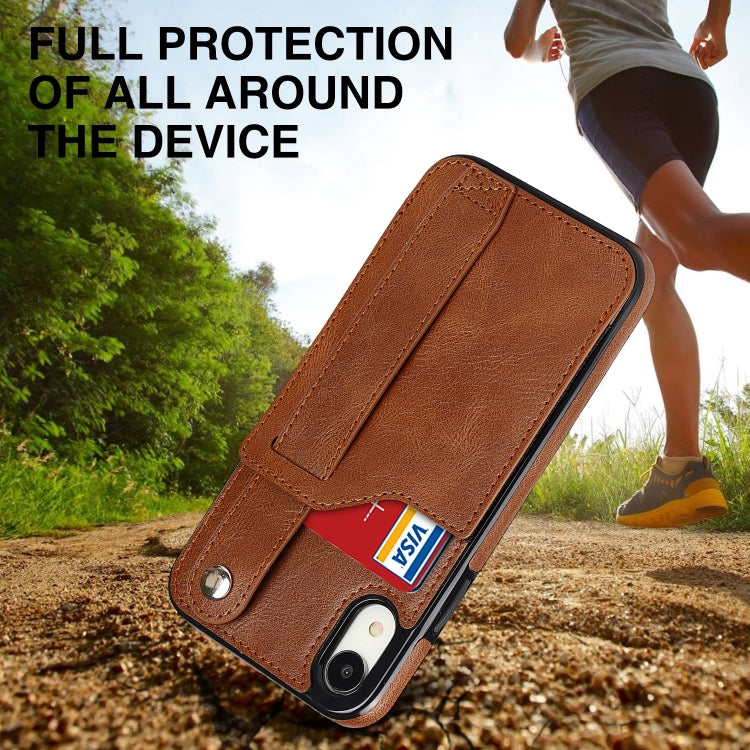 For iPhone XR Crazy Horse Texture Shockproof TPU + PU Leather Case with Card Slot & Wrist Strap Holder