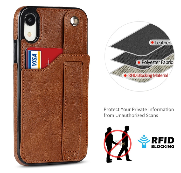 For iPhone XR Crazy Horse Texture Shockproof TPU + PU Leather Case with Card Slot & Wrist Strap Holder