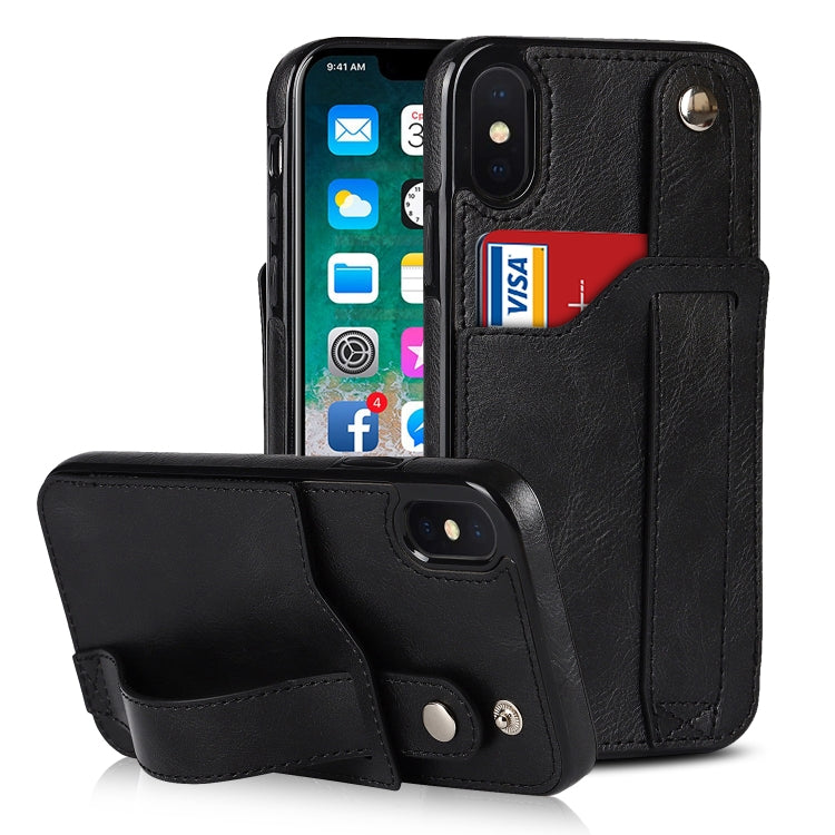 For iPhone XS Max Crazy Horse Texture Shockproof TPU + PU Leather Case with Card Slot & Wrist Strap Holder
