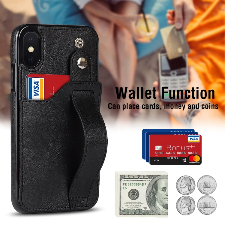 For iPhone XS Max Crazy Horse Texture Shockproof TPU + PU Leather Case with Card Slot & Wrist Strap Holder