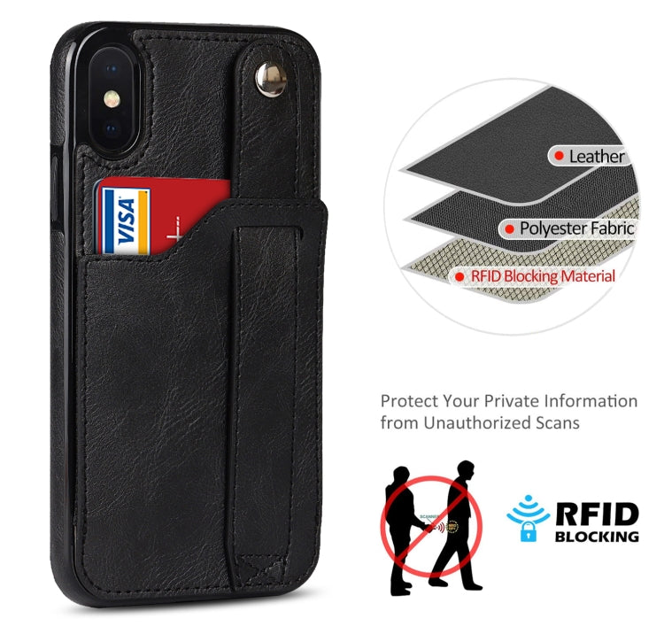 For iPhone XS Max Crazy Horse Texture Shockproof TPU + PU Leather Case with Card Slot & Wrist Strap Holder