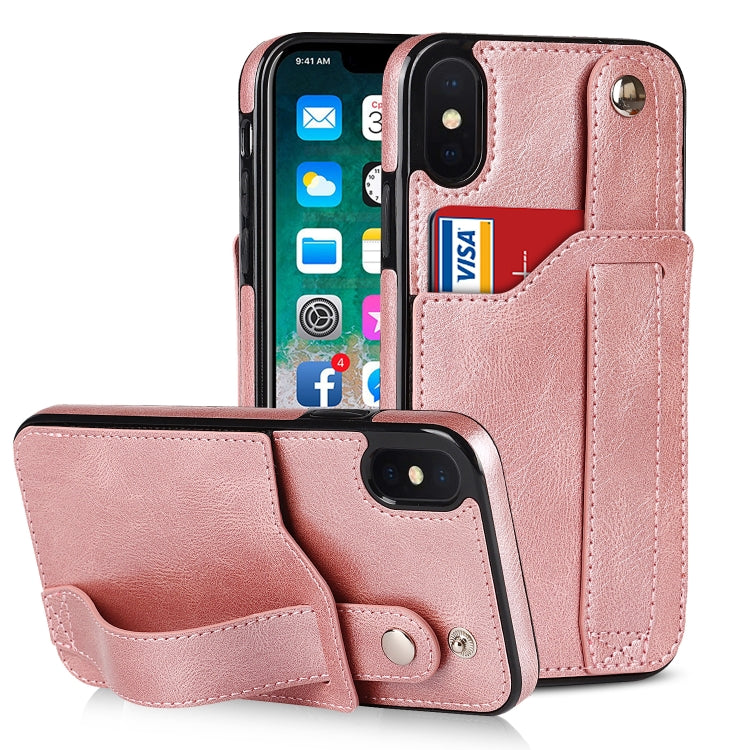 For iPhone XS Max Crazy Horse Texture Shockproof TPU + PU Leather Case with Card Slot & Wrist Strap Holder