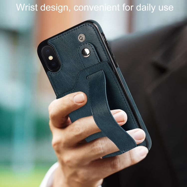 For iPhone XS Max Crazy Horse Texture Shockproof TPU + PU Leather Case with Card Slot & Wrist Strap Holder
