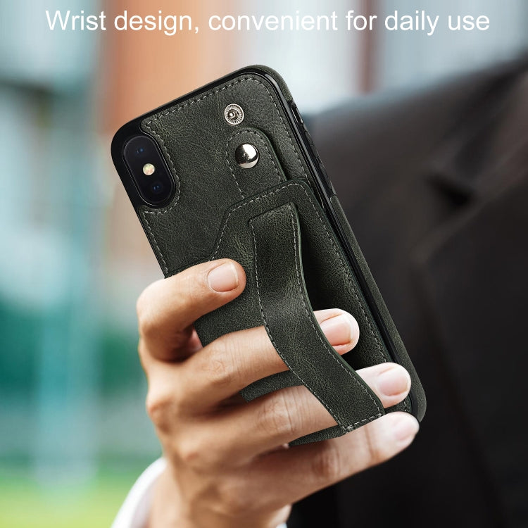 For iPhone XS Max Crazy Horse Texture Shockproof TPU + PU Leather Case with Card Slot & Wrist Strap Holder