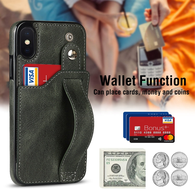 For iPhone XS Max Crazy Horse Texture Shockproof TPU + PU Leather Case with Card Slot & Wrist Strap Holder