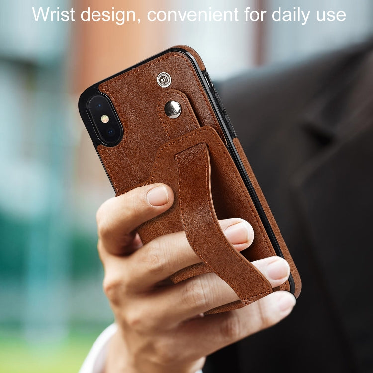 For iPhone XS Max Crazy Horse Texture Shockproof TPU + PU Leather Case with Card Slot & Wrist Strap Holder