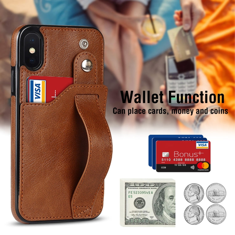 For iPhone XS Max Crazy Horse Texture Shockproof TPU + PU Leather Case with Card Slot & Wrist Strap Holder
