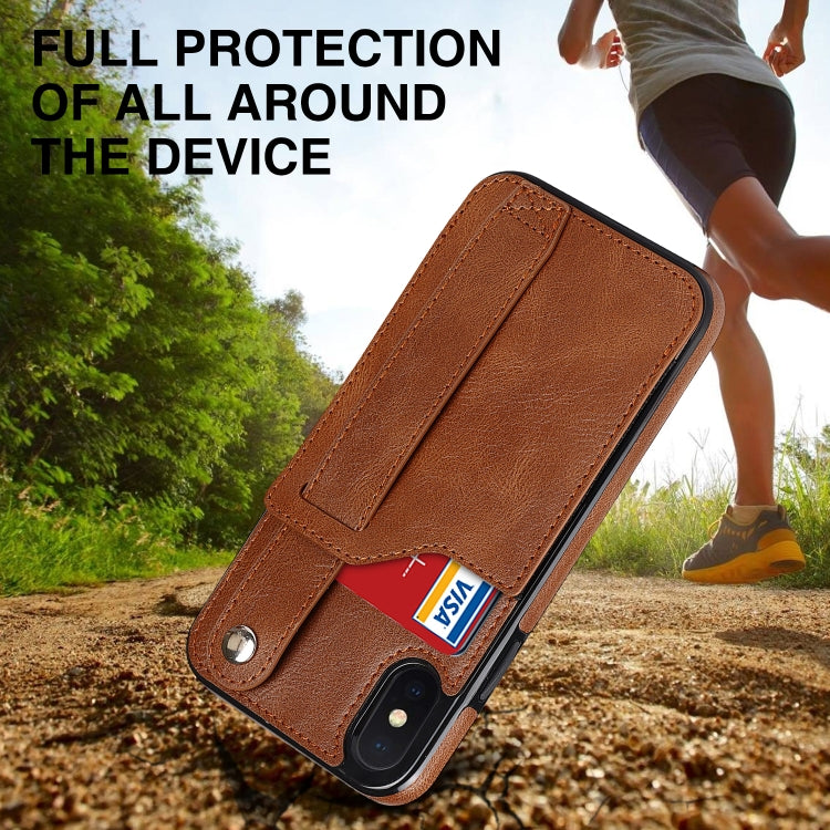 For iPhone XS Max Crazy Horse Texture Shockproof TPU + PU Leather Case with Card Slot & Wrist Strap Holder