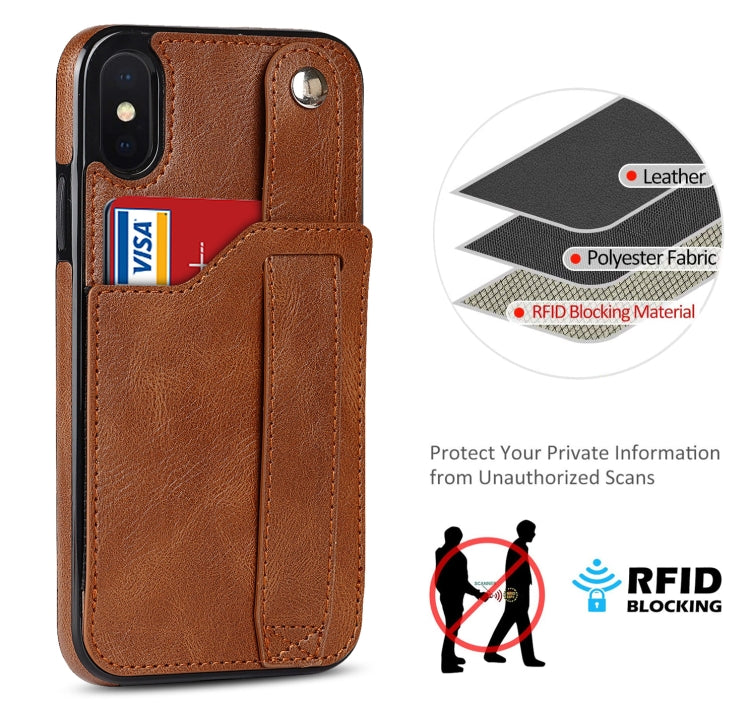 For iPhone XS Max Crazy Horse Texture Shockproof TPU + PU Leather Case with Card Slot & Wrist Strap Holder