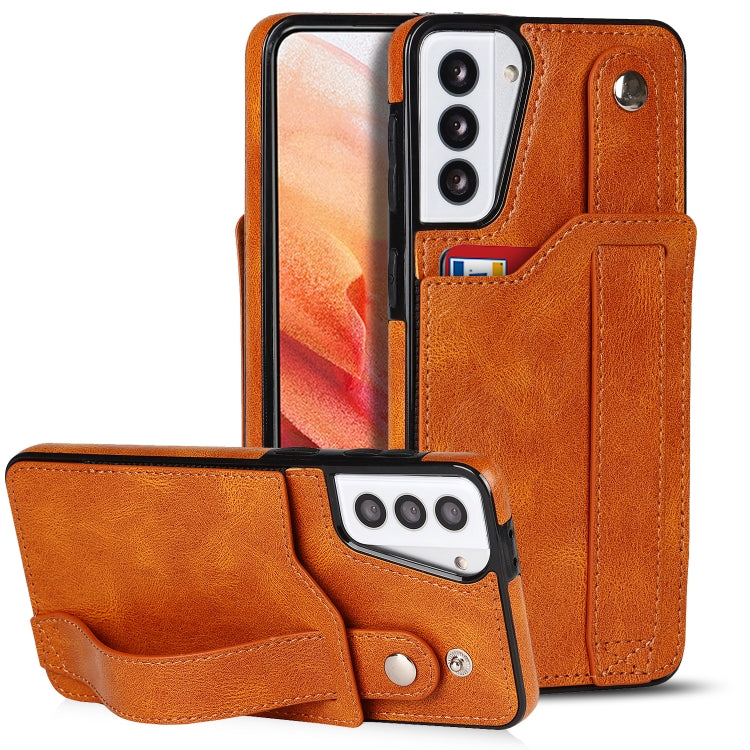 For Samsung Galaxy S21 5G Crazy Horse Texture Shockproof TPU + PU Leather Case with Card Slot & Wrist Strap Holder