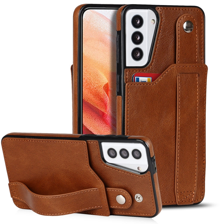 For Samsung Galaxy S21+ 5G Crazy Horse Texture Shockproof TPU + PU Leather Case with Card Slot & Wrist Strap Holder