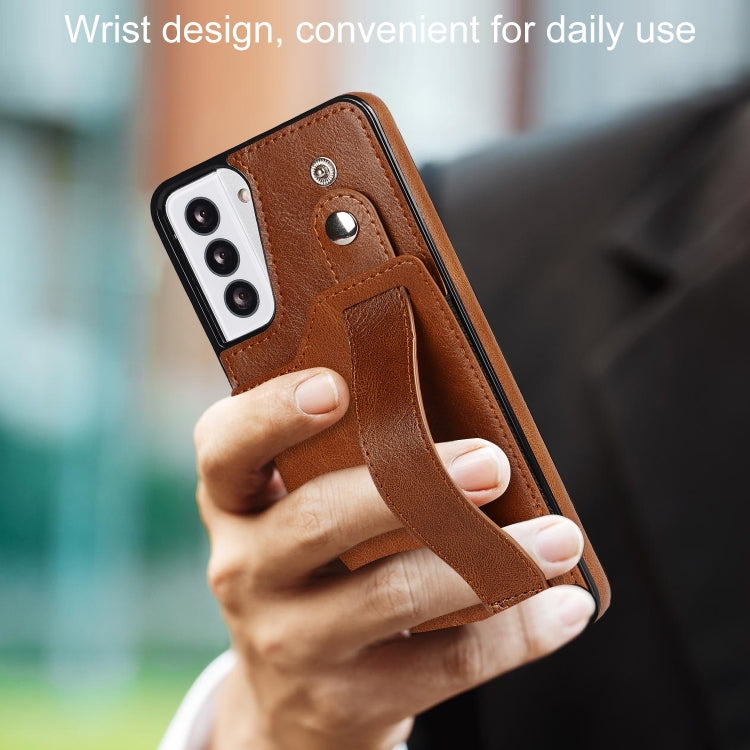 For Samsung Galaxy S21+ 5G Crazy Horse Texture Shockproof TPU + PU Leather Case with Card Slot & Wrist Strap Holder