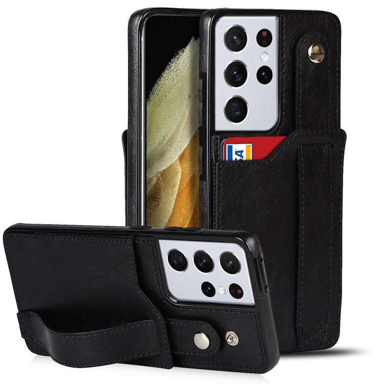 For Samsung Galaxy S21 Ultra 5G Crazy Horse Texture Shockproof TPU + PU Leather Case with Card Slot & Wrist Strap Holder