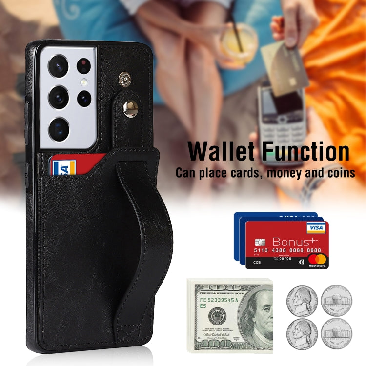 For Samsung Galaxy S21 Ultra 5G Crazy Horse Texture Shockproof TPU + PU Leather Case with Card Slot & Wrist Strap Holder