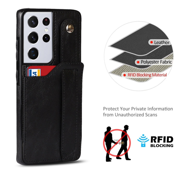 For Samsung Galaxy S21 Ultra 5G Crazy Horse Texture Shockproof TPU + PU Leather Case with Card Slot & Wrist Strap Holder