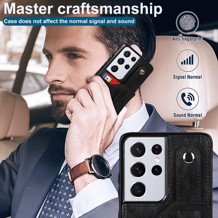For Samsung Galaxy S21 Ultra 5G Crazy Horse Texture Shockproof TPU + PU Leather Case with Card Slot & Wrist Strap Holder