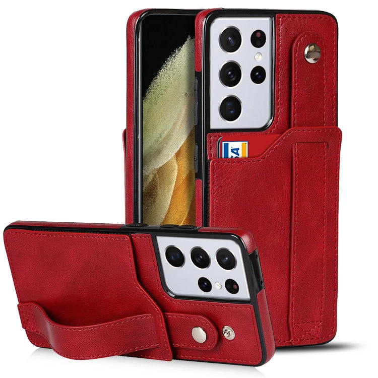 For Samsung Galaxy S21 Ultra 5G Crazy Horse Texture Shockproof TPU + PU Leather Case with Card Slot & Wrist Strap Holder