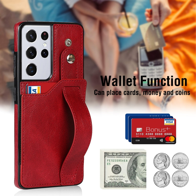 For Samsung Galaxy S21 Ultra 5G Crazy Horse Texture Shockproof TPU + PU Leather Case with Card Slot & Wrist Strap Holder