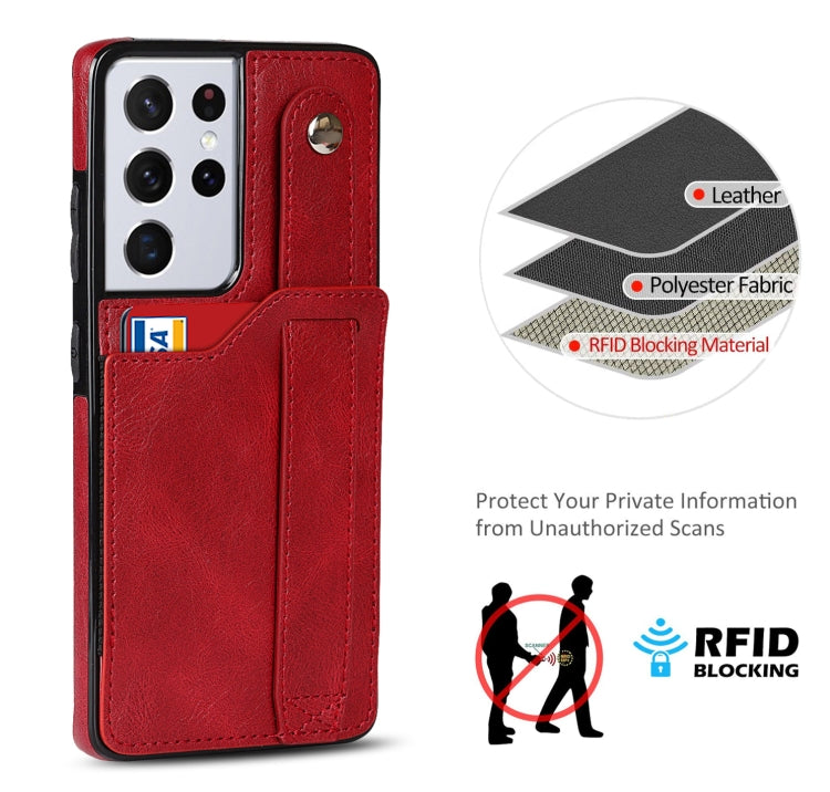 For Samsung Galaxy S21 Ultra 5G Crazy Horse Texture Shockproof TPU + PU Leather Case with Card Slot & Wrist Strap Holder