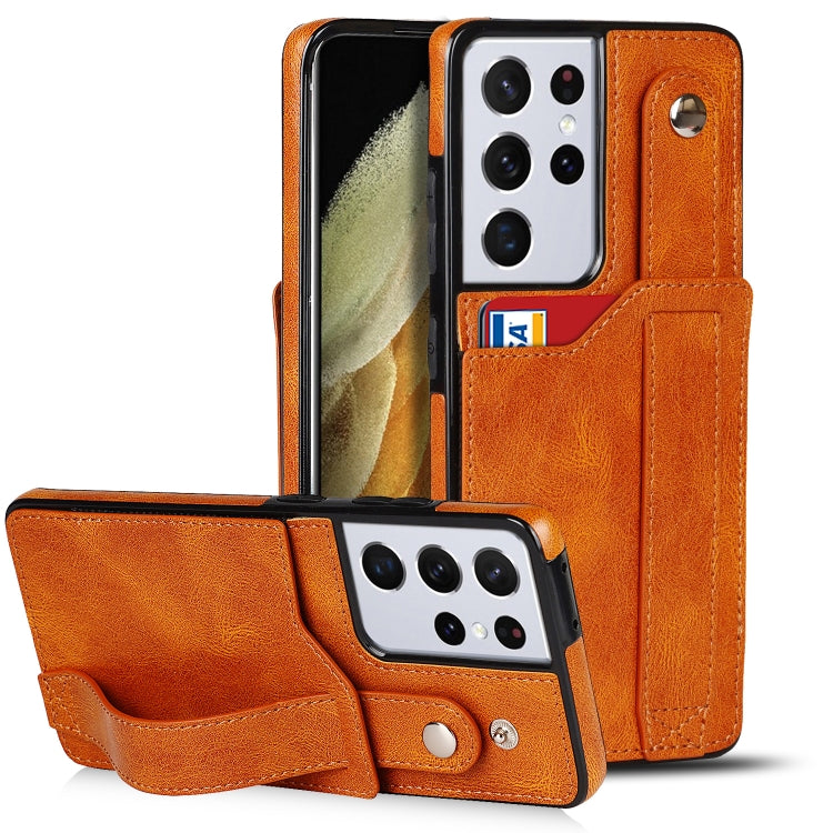 For Samsung Galaxy S21 Ultra 5G Crazy Horse Texture Shockproof TPU + PU Leather Case with Card Slot & Wrist Strap Holder