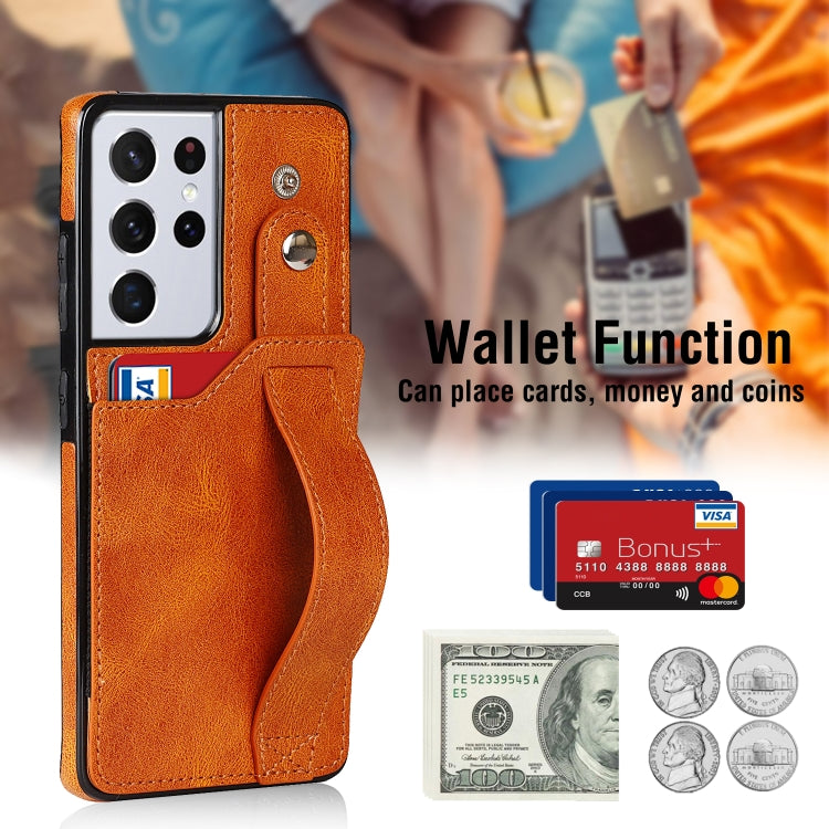 For Samsung Galaxy S21 Ultra 5G Crazy Horse Texture Shockproof TPU + PU Leather Case with Card Slot & Wrist Strap Holder