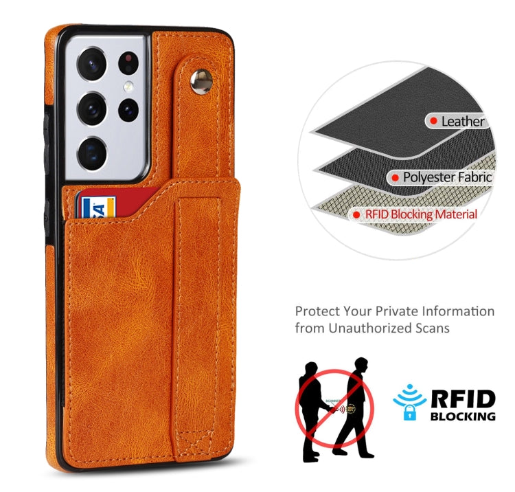 For Samsung Galaxy S21 Ultra 5G Crazy Horse Texture Shockproof TPU + PU Leather Case with Card Slot & Wrist Strap Holder