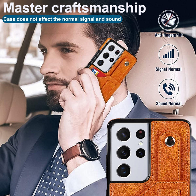 For Samsung Galaxy S21 Ultra 5G Crazy Horse Texture Shockproof TPU + PU Leather Case with Card Slot & Wrist Strap Holder